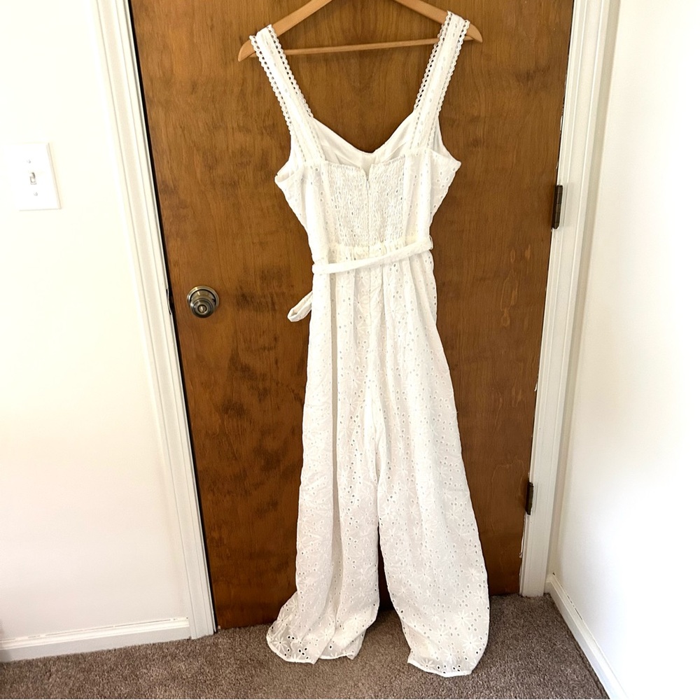 LuLus Sweetest Angel Ivory Eyelet Embroidered Tie-Front Jumpsuit. Size Large. - Picture 5 of 13